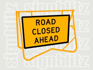 SWT-RCA Road Closed Ahead Sign on Swing Stand CL1 Ref 900x600mm