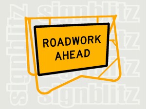 SWT1-1 Roadwork Ahead Sign on Swing Stand CL1 Ref 900x600mm & 1200x900mm