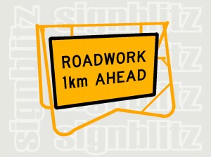 SWT1-16 Roadwork 1km Ahead Sign on Swing Stand CL1 Ref 1200x900mm