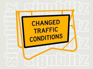SWT1-23 Changed Traffic Conditions Ahead Sign on Swing Stand CL1 Ref 900x600mm & 1200×900