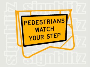 SWT8-1 Pedestrians Watch Your Step Sign on Swing Stand CL1 Ref 900x600mm